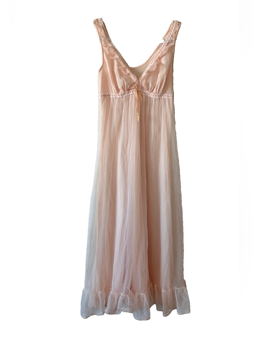 Vintage 70s St Michael M&S Peach Nylon Maxi Nightgown Ruffle Lace UK 34 Bust S